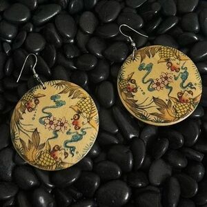 Wooden Koi Fish Pattern Earrings